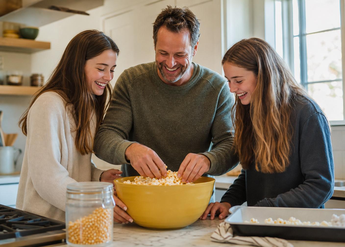 A parent and teen laughing together in a bright kitchen