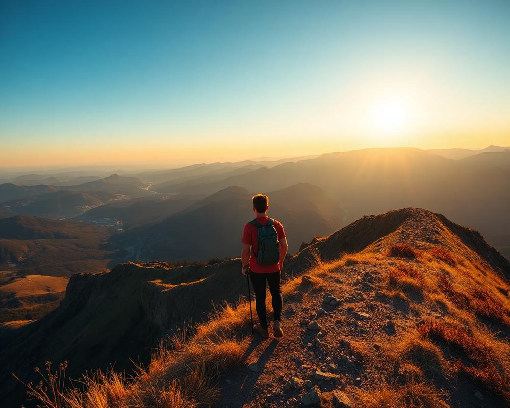 A person hiking a mountain ridge at sunset