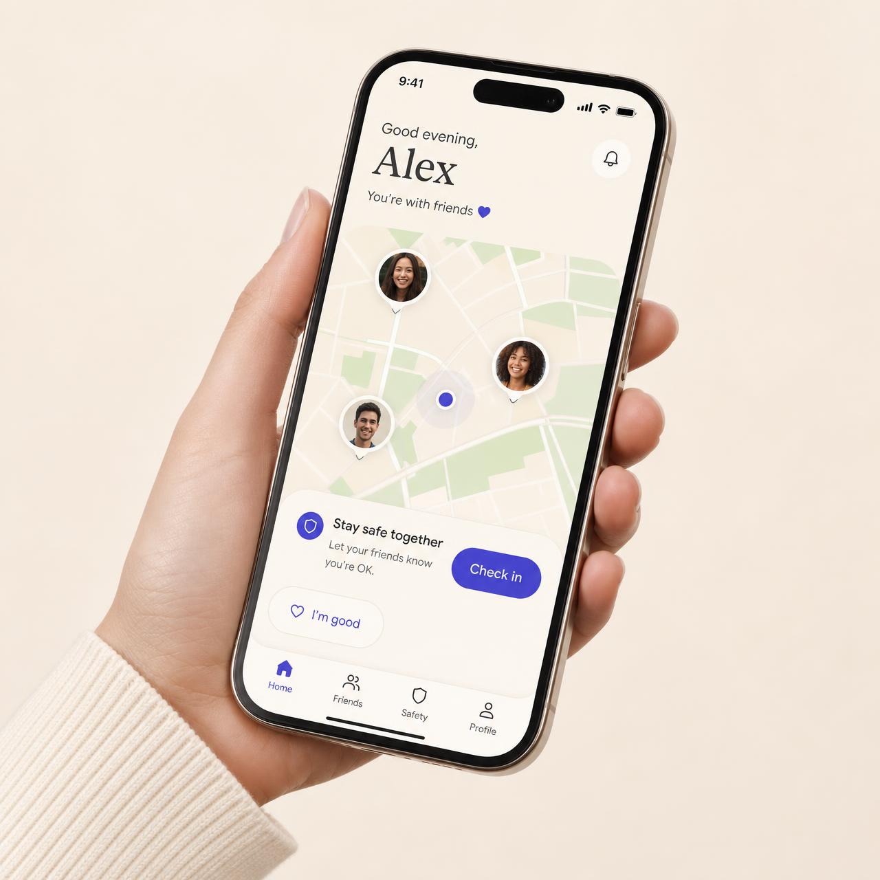 A hand holding a phone showing the BKIN app with a warm map view and friends' location pins.