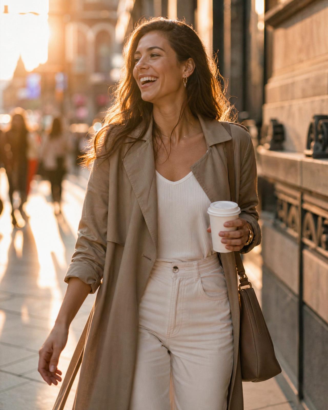 Person laughing while walking through a sunlit city street